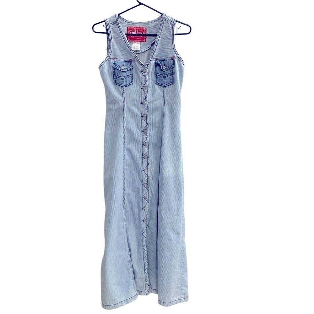Light Blue Denim Maxi Dress with Front Lace-Up